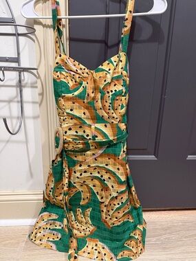 FARM Rio Green and Yellow Tropical-Print Mini Dress with Belt Detail